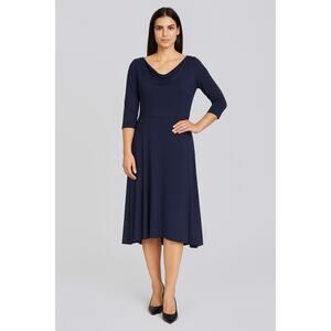 Eileen Fisher Navy Drape Neck Knit Midi Dress XS Fit Flare Stretchy Workwear